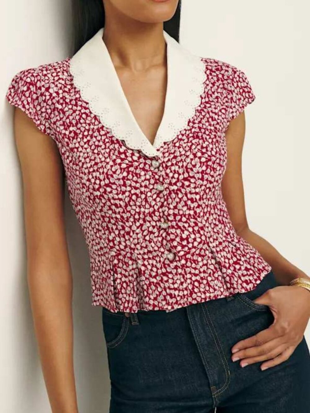 NWT Reformation Palermo Top Roja | Red Ditsy Floral Heart Button Blouse 0